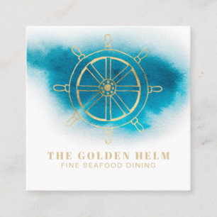 *~* Gold Helm Fine Dining Sea White Teal Blue Square Business Card