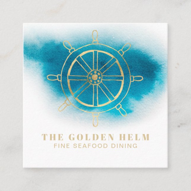 *~* Gold Helm Fine Dining Sea White Teal Blue Square Business Card (Front)