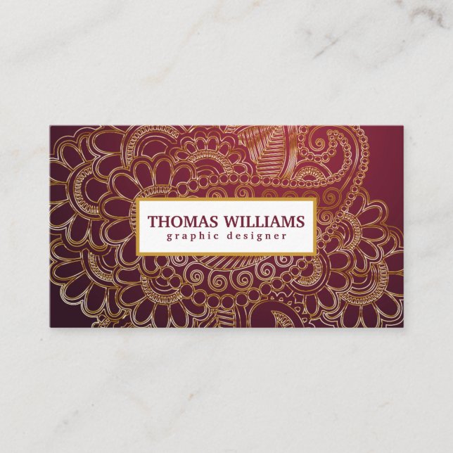 Gold henna flower background paisley pattern business card (Front)
