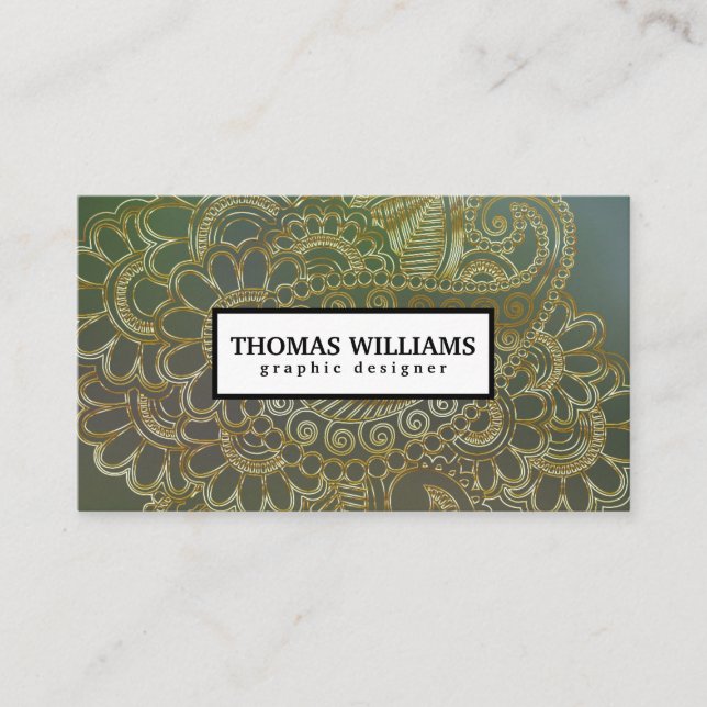 Gold henna flower background paisley pattern business card (Front)