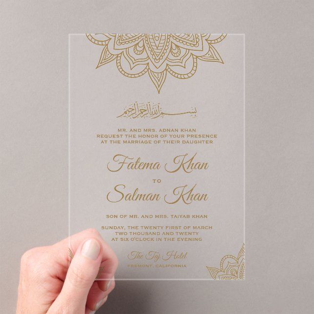 Gold Henna Mehndi Islamic Muslim Wedding Acrylic Invitations (Insitu (Handheld))
