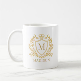 Gold Heraldic Crest Crown Monogram Coffee Mug