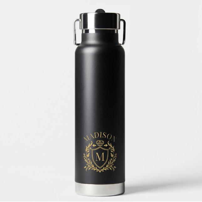 Gold Heraldic Crest Crown Monogram Water Bottle (Front)
