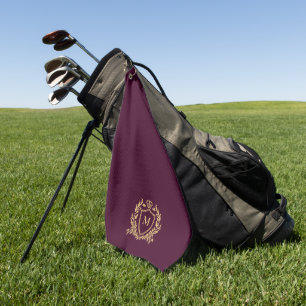 Gold Heraldic Shield Monogram On Deep Purple Golf Towel