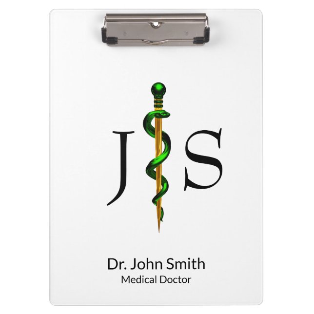 Gold Herbal Green Rod of Asclepius Medical Clipboard (Front)