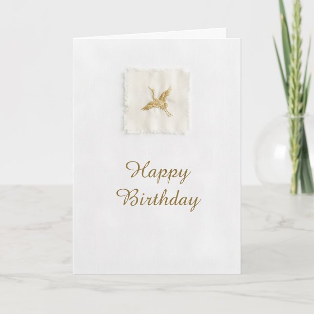 Gold Heron Birthday Card Elegant White (Front)