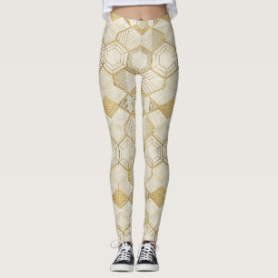 Gold Hexagon Geometric Cream Marble Pattern Leggings