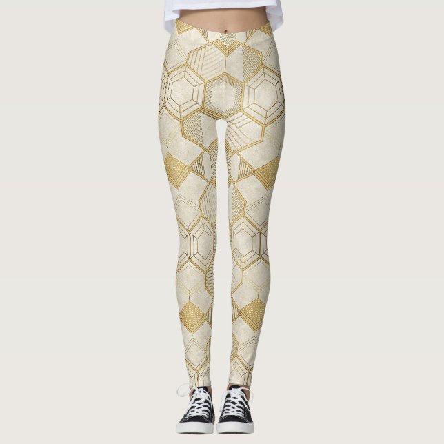 Gold Hexagon Geometric Cream Marble Pattern Leggings (Front)