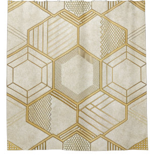 Gold Hexagon Geometric Cream Marble Pattern Shower Curtain