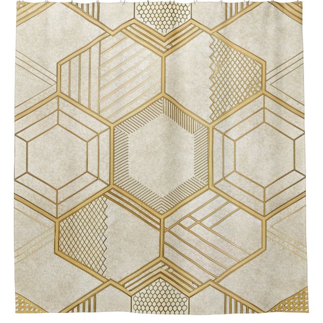 Gold Hexagon Geometric Cream Marble Pattern Shower Curtain (Front)