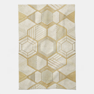 Gold Hexagon Geometric Cream Marble Pattern Tea Towel