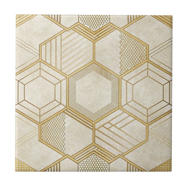 Gold Hexagon Geometric Cream Marble Pattern Tile (Front)