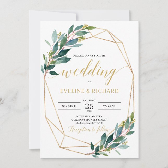 Gold hexagonal frame green eucalyptus wedding invitation (Front)