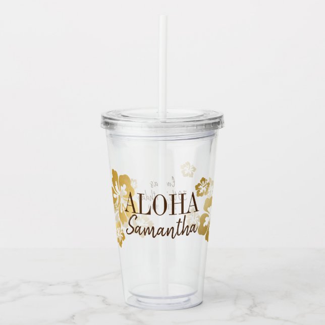 Gold Hibiscus Tropical Beach Name Acrylic Tumbler (Front)