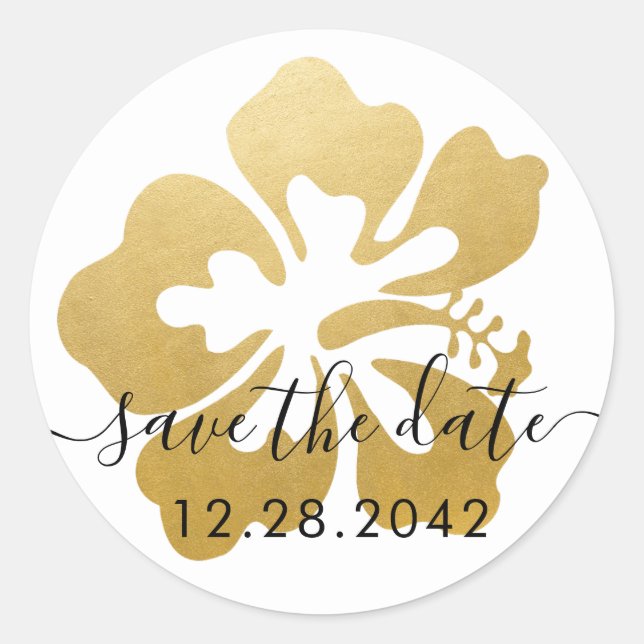 Gold Hibiscus Tropical Flower Save the Date Classic Round Sticker (Front)