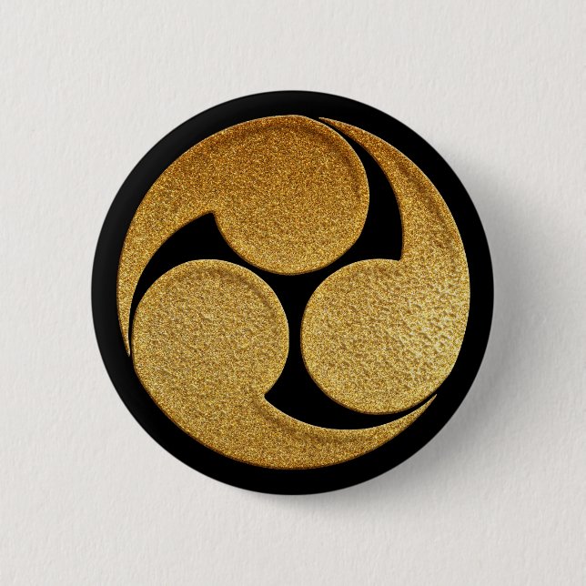 Gold Hidari Mitsu Tomoe Kamon 6 Cm Round Badge (Front)