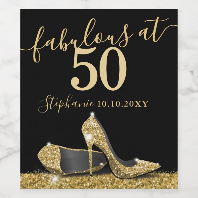 Gold High Heel 50th Fabulous Birthday Sparkling Wi Wine Label (Single Label)