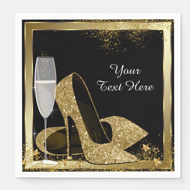 Gold High Heel Birthday Party Napkin (Add your text to personalize these pretty black and gold high heel napkins.)