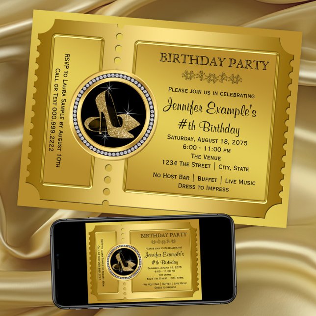 Gold High Heel Shoe Birthday Party Invitation (Gold high heel shoe invitation. Any event. Digital download and printed invitations available)