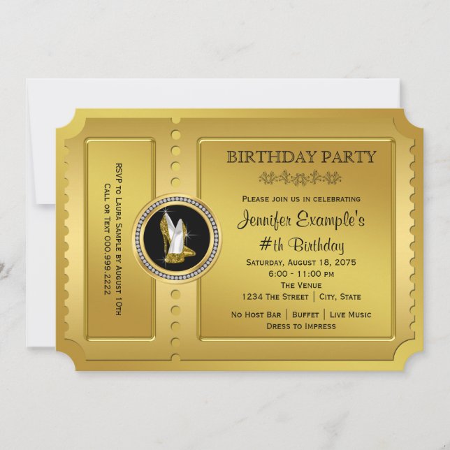 Gold High Heel Shoe Golden Ticket Birthday Party Invitation (Front)