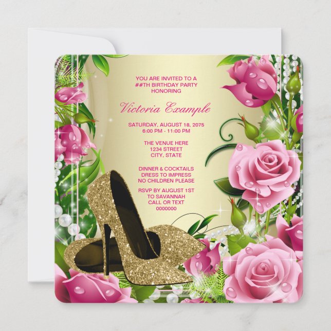 Gold High Heel Shoe Womans Rose Birthday Party Invitation (Front)