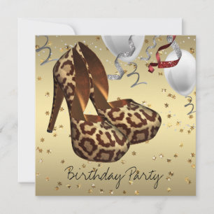 Gold High Heel Shoes Womans Leopard Birthday Party Invitation