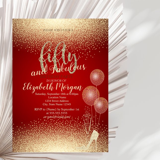 Gold High Heels Confetti,Red  50th Birthday Party Invitation (Creator Uploaded)
