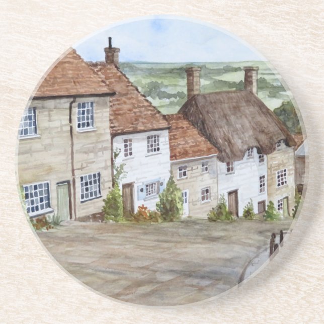 Gold Hill, Shaftesbury, Dorset Watercolor Painting Coaster (Front)