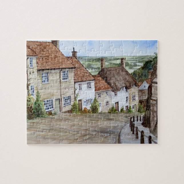 Gold Hill, Shaftesbury, Dorset Watercolor Painting Jigsaw Puzzle (Horizontal)