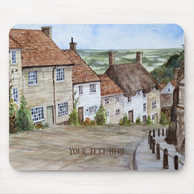 Gold Hill, Shaftesbury, Dorset Watercolor Painting Mouse Mat (Front)