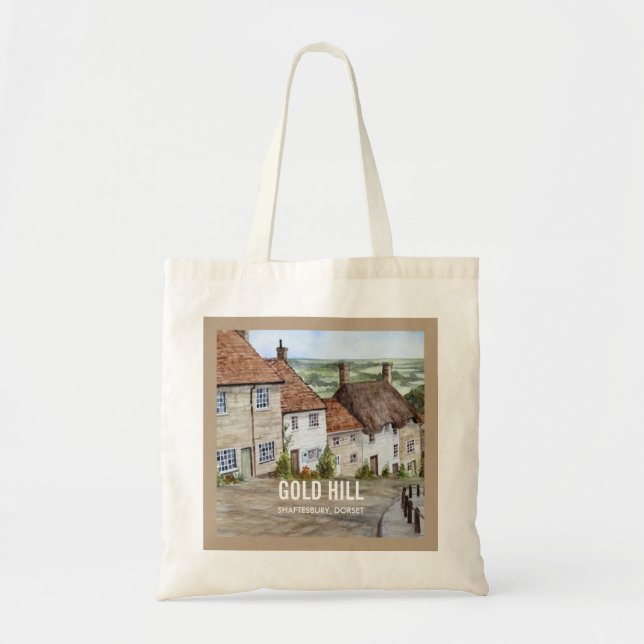 Gold Hill, Shaftesbury, Dorset Watercolor Painting Tote Bag (Front)