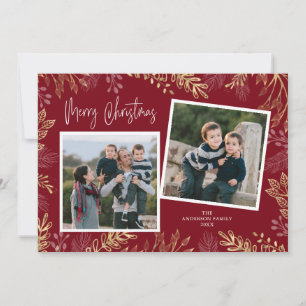 Gold Holiday Botanicals on Red 2 Photo Christmas Card