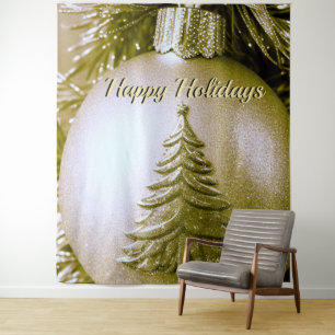 Gold Holiday Christmas Ball Backdrop Tapestry