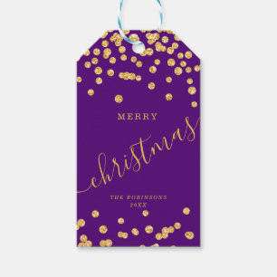 Gold Holiday Christmas Glitter Confetti Purple Gift Tags