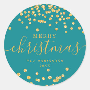 Gold Holiday Christmas Glitter Confetti Teal Classic Round Sticker