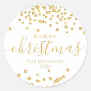 Gold Holiday Christmas Glitter Confetti White Classic Round Sticker