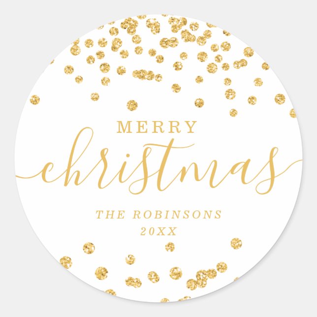 Gold Holiday Christmas Glitter Confetti White Classic Round Sticker (Front)