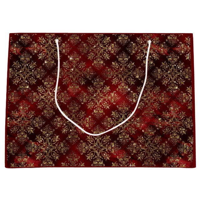 Gold Holiday Christmas Metallic Damask Elegant  Large Gift Bag (Front)