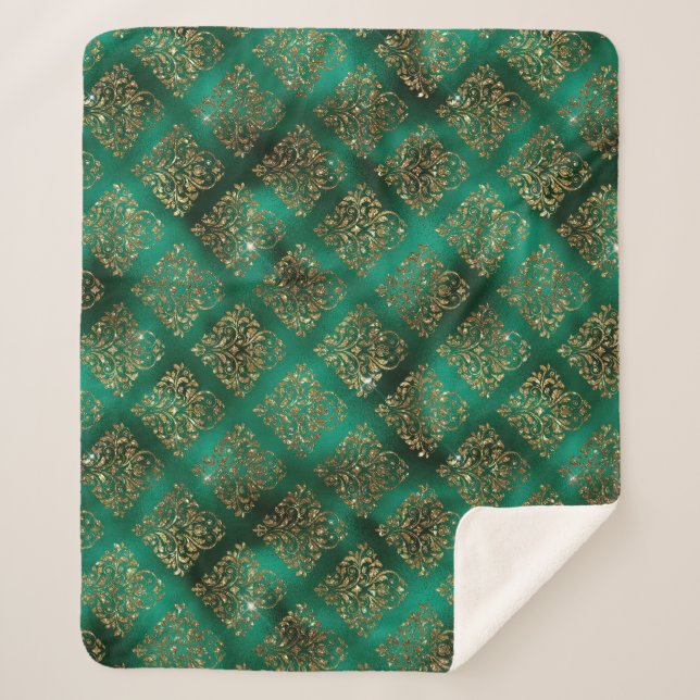 Gold Holiday Christmas Metallic Damask Elegant Sherpa Blanket (Front)