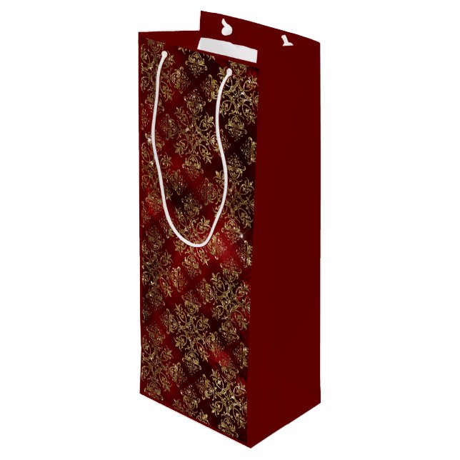 Gold Holiday Christmas Metallic Damask Elegant  Wine Gift Bag (Back Angled)
