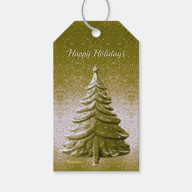 Gold Holiday Christmas Tree Gift Tag (Front)