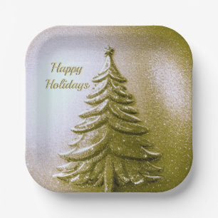 Gold Holiday Christmas Tree Paper Plate