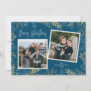 Gold Holiday Greenery Dark Blue 2 Photo Christmas Card