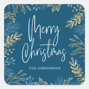 Gold Holiday Greenery on Dark Blue Christmas Square Sticker
