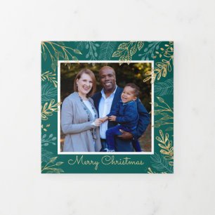 Gold Holiday Greenery on Teal 4 Photo Christmas Tri-Fold Holiday Card