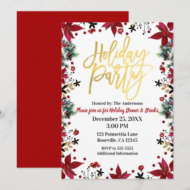 Gold Holiday Party Poinsettia Floral Christmas Invitation (Front/Back)