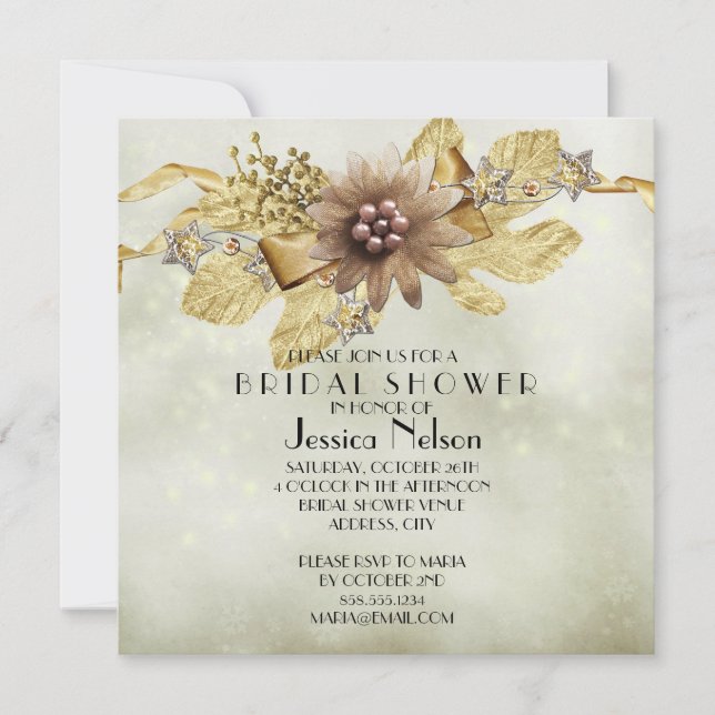 Gold Holiday Winter Ribbon Bridal Shower Invitation (Front)