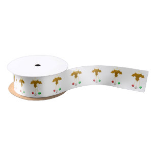 Gold Holly and Jingle Bells White Ribbon Satin Ribbon