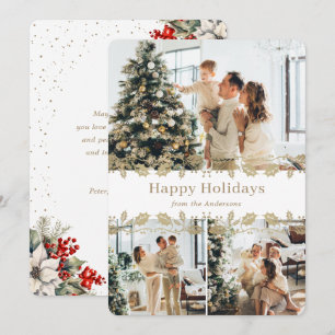 Gold Holly Berries Poinsettia Snow Photo Collage Holiday Card