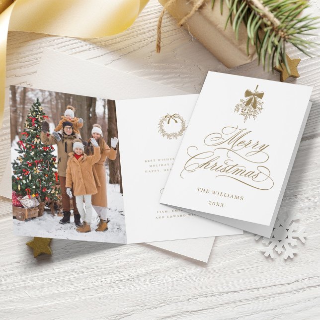 Gold Holly Berry Bouquet Romantic Christmas Photo Holiday Card (Front & Inside)